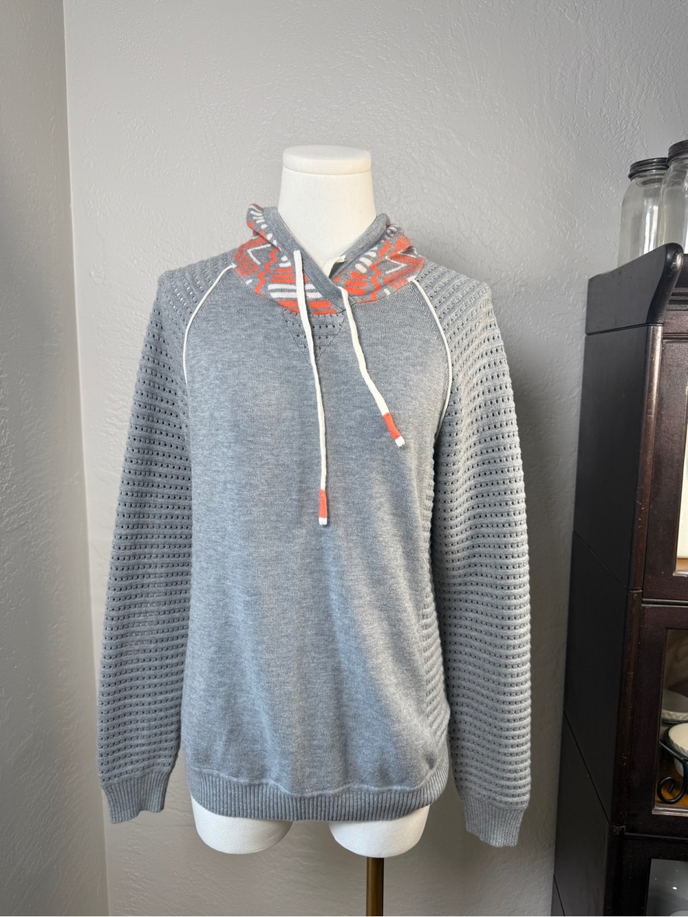 Title Nine Gray Knit Cotton Hoodie Sweater Neon Aztec Boho Hood Size M